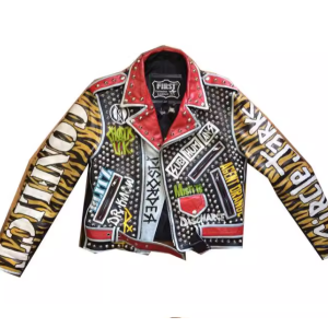 Punk Printed Genuine Leather Motorcycle Biker Jacket For Men