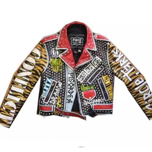 Punk Printed Genuine Leather Motorcycle Biker Jacket For Men