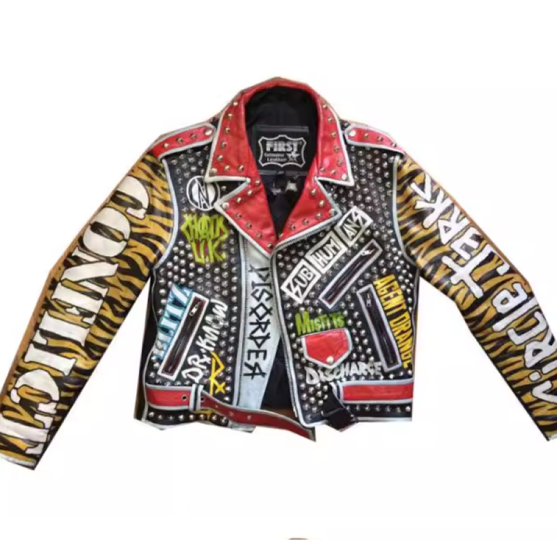 Punk Printed Genuine Leather Motorcycle Biker Jacket For Men