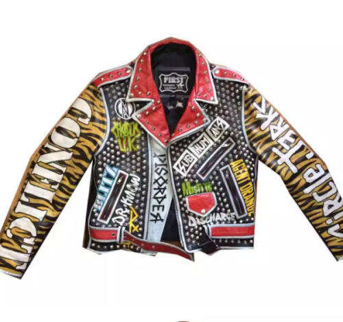 Punk Printed Genuine Leather Motorcycle Biker Jacket For Men