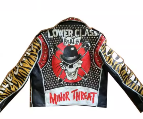 Punk Printed Genuine Leather Motorcycle Biker Jacket For Men