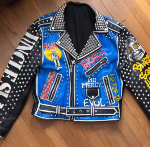 Printed Rivets Genuine Leather Biker Motorcycle Jacket For Men