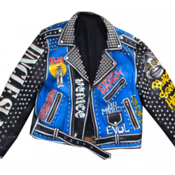 Printed Rivets Genuine Leather Biker Motorcycle Jacket For Men