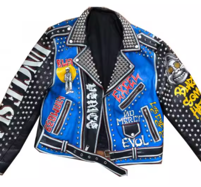 Printed Rivets Genuine Leather Biker Motorcycle Jacket For Men