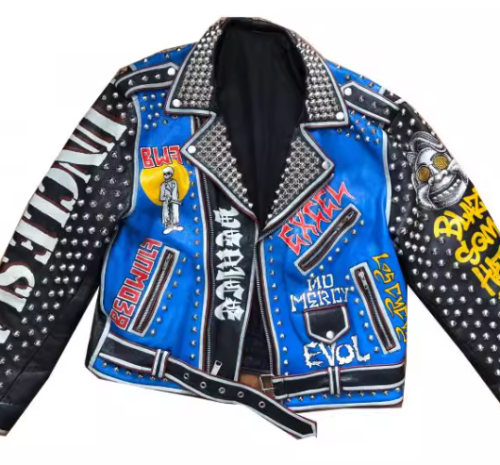 Printed Rivets Genuine Leather Biker Motorcycle Jacket For Men