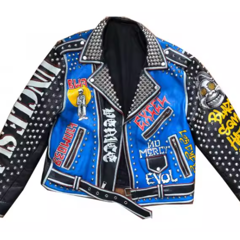 Printed Rivets Genuine Leather Biker Motorcycle Jacket For Men