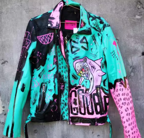 Hiphop Punk Printed Genuine Leather Jacket For Men Motorcycle Biker Leather Jacket