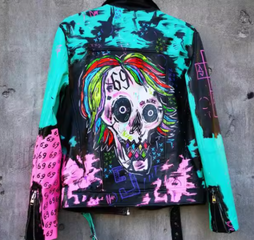 Hiphop Punk Printed Genuine Leather Jacket For Men Motorcycle Biker Leather Jacket