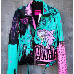 Hiphop Punk Printed Genuine Leather Jacket For Men Motorcycle Biker Leather Jacket