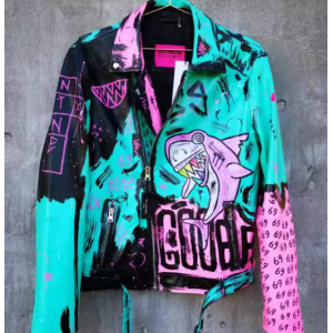 Hiphop Punk Printed Genuine Leather Jacket For Men Motorcycle Biker Leather Jacket