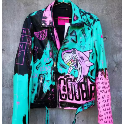 Hiphop Punk Printed Genuine Leather Jacket For Men Motorcycle Biker Leather Jacket