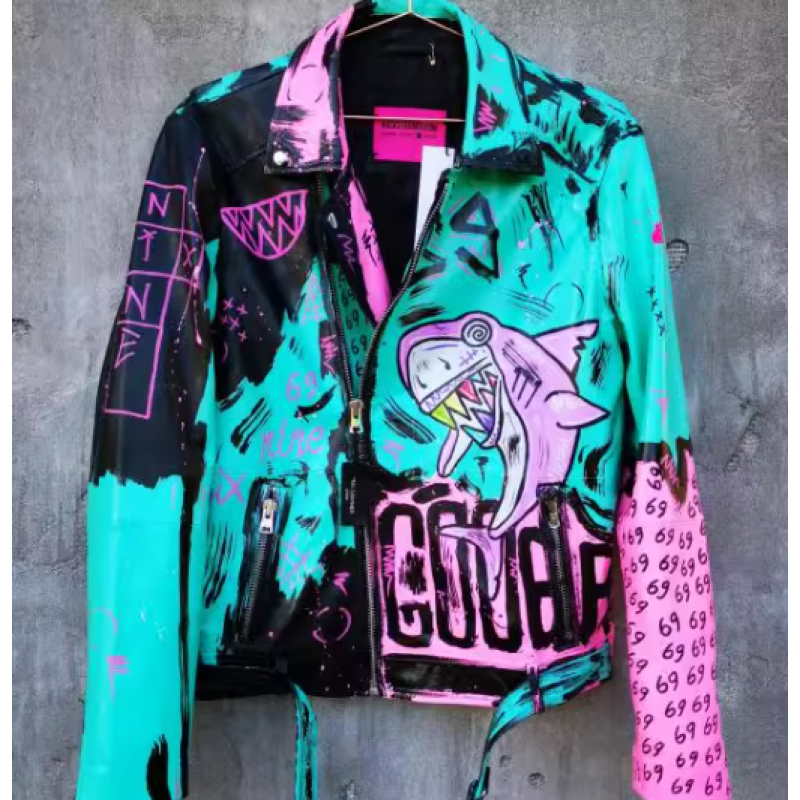 Hiphop Punk Printed Genuine Leather Jacket For Men Motorcycle Biker Leather Jacket
