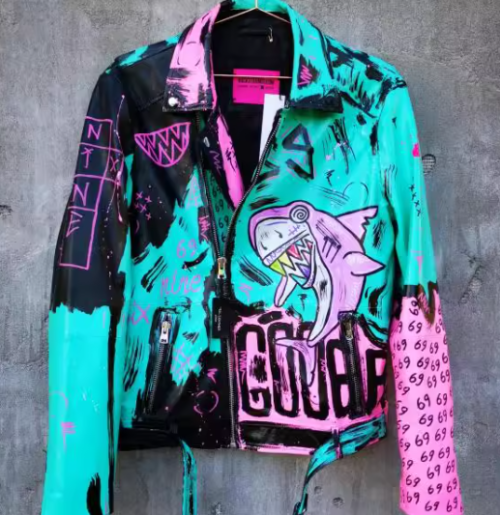 Hiphop Punk Printed Genuine Leather Jacket For Men Motorcycle Biker Leather Jacket