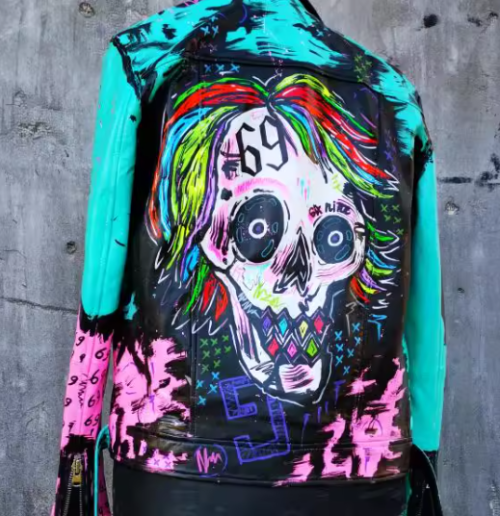 Hiphop Punk Printed Genuine Leather Jacket For Men Motorcycle Biker Leather Jacket