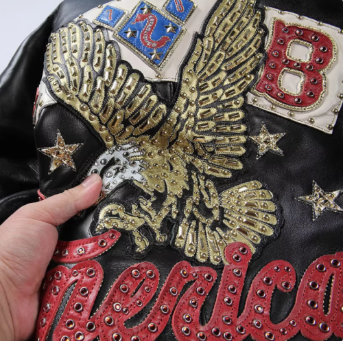 Customized Men's  Genuine Leather Jacket Loose  Eagle Embroidery Sheepskin Leather Aviator Jacket