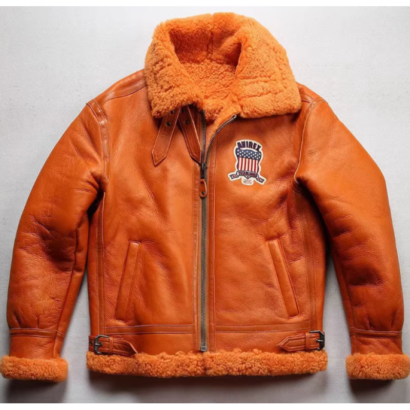 OEM Men Australia Shearling USA Size Quality Warm Winter Coat Sheepskin Flight Aviator Leather Jacket Manufacture