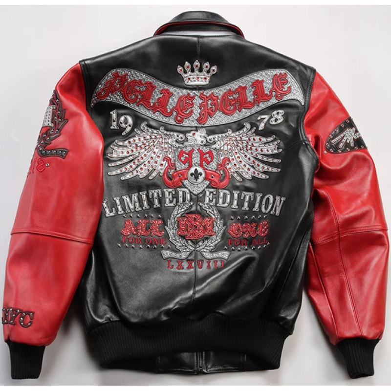 Custom Men's Sheepskin Leather Jacket Streetwear Eagle Rhinestone Crstal Embroidery Aviator Jacket Manufacture