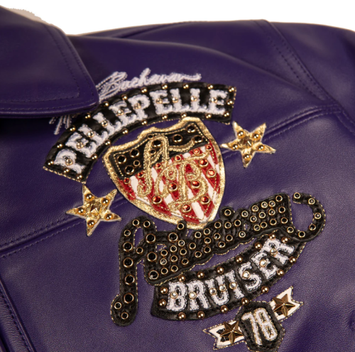 OEM World Famous 100% Genuine Plush Leather Jacket leather Custom applique flame with rhinestones Lambskin Jacket