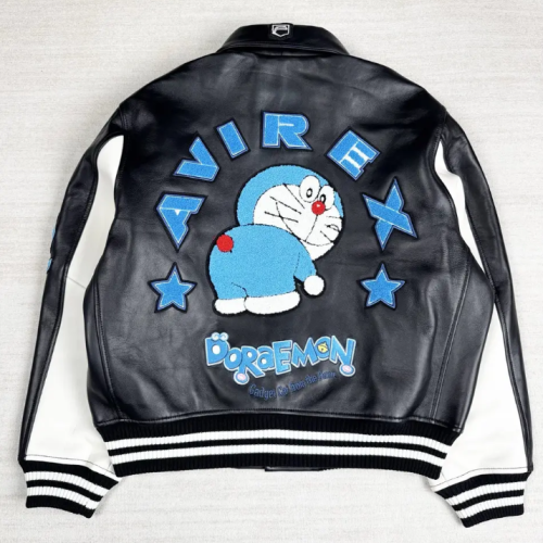 Custom Men's Lambskin Leather Jackets OEM AVIREX Style Kartoon Embrodiery Aviator Varsity Jacket Manufacturer