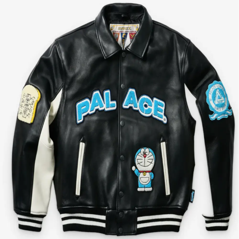 Custom Men's Lambskin Leather Jackets OEM AVIREX Style Kartoon Embrodiery Aviator Varsity Jacket Manufacturer