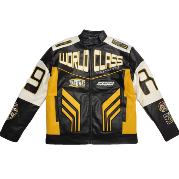 Custom Emboridery Design Men's Leather Racing Jacket Manufacturer OEM  Applique Logo Leather Biker Jacket