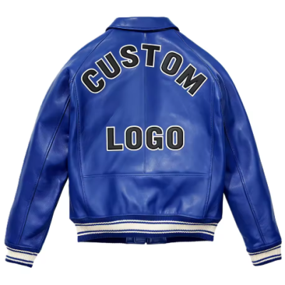 Custom Men's 3D Embroidered Outwear Sheepskin Leather Varsity Jacket with Zipper Closure Windproof
