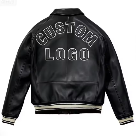 Custom Men's 3D Embroidered Outwear Sheepskin Leather Varsity Jacket with Zipper Closure Windproof