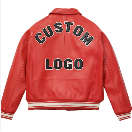Custom Men's 3D Embroidered Outwear Sheepskin Leather Varsity Jacket with Zipper Closure Windproof