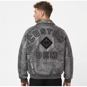 Low MOQ Custom Distressed Croc Exterior Lambskin Aviator Jacket for Men OEM Embroidery Leather Bomber Jacket Manufacturer