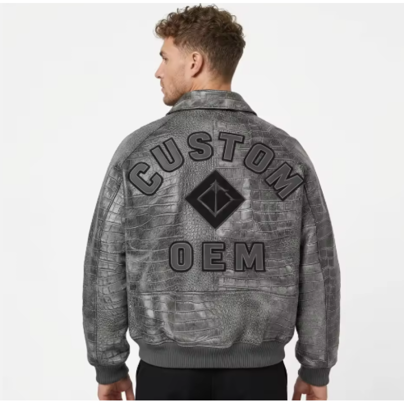 Low MOQ Custom Distressed Croc Exterior Lambskin Aviator Jacket for Men OEM Embroidery Leather Bomber Jacket Manufacturer