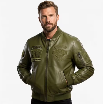 Custom Men's Cowhide Varsity Jacket Embroidery Chenile Patch OEM Embossed Leather Bomber Jacket