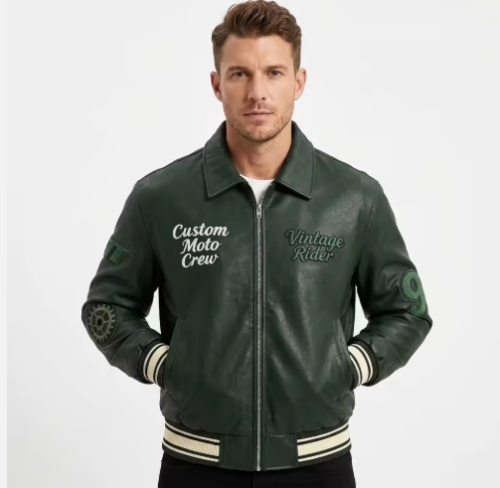 Leather Garments Manufacturer Custom Vintage Leather Varsity Jacket for Men OEM Plain Embroidery Bomber Jacket