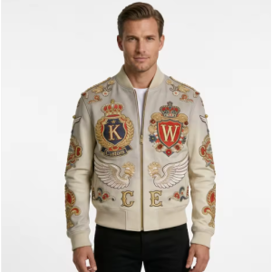 Custom Luxury Embroidered Sheepskin Bomber Jacket | Premium Genuine Leather Outerwear for Men