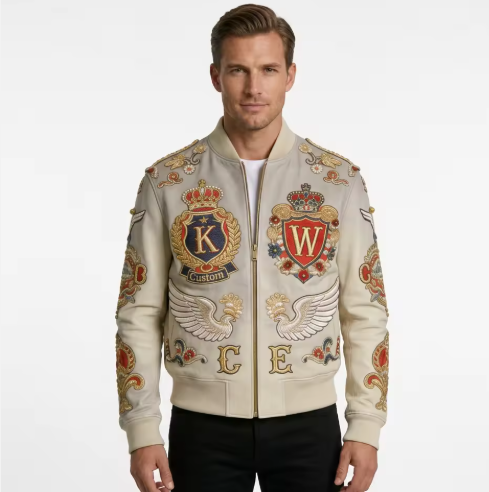 Custom Luxury Embroidered Sheepskin Bomber Jacket | Premium Genuine Leather Outerwear for Men