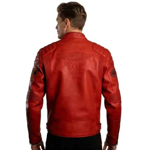 Red Embossed Wing Pattern Back Custom Racing Leather Jacket Men Wholesale OEM Biker Coat