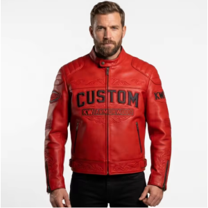 Custom Embossed Red Cowhide Racing Leather Jacket Private Label OEM Biker Motorcycle Coat For Men Wholesale Manufacturer