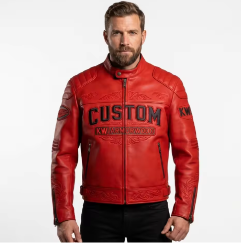 Custom Embossed Red Cowhide Racing Leather Jacket Private Label OEM Biker Motorcycle Coat For Men Wholesale Manufacturer