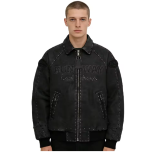 OEM Applique Cowhide Leather Biker Jacket Manufacturer Custom Luxury Studs Rhinestone Embroidery Bomber Jacket  Factory