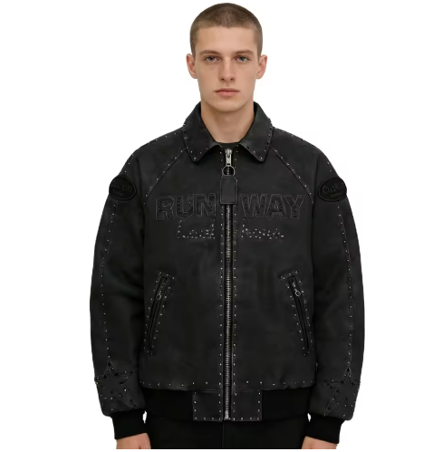 OEM Applique Cowhide Leather Biker Jacket Manufacturer Custom Luxury Studs Rhinestone Embroidery Bomber Jacket  Factory