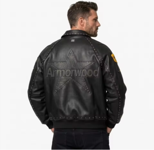 OEM Applique Cowhide Leather Biker Jacket Manufacturer Custom Luxury Studs Rhinestone Embroidery Bomber Jacket  Factory