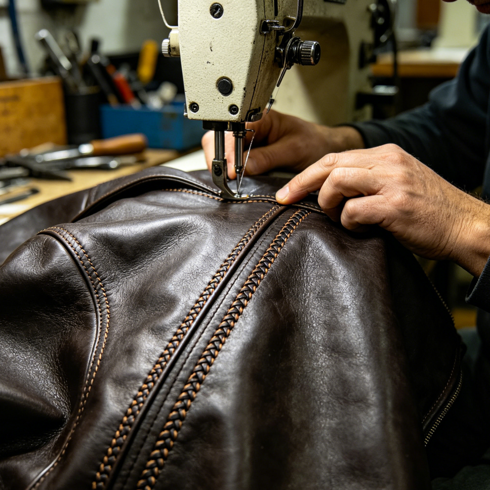 Reinforced stitching craftsmanship men leather jacket production