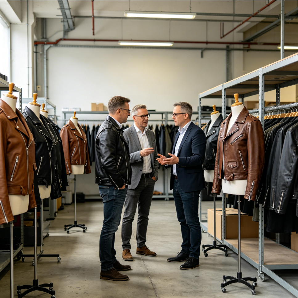 Wholesale buyers selecting men PU leather jackets eco friendly collection