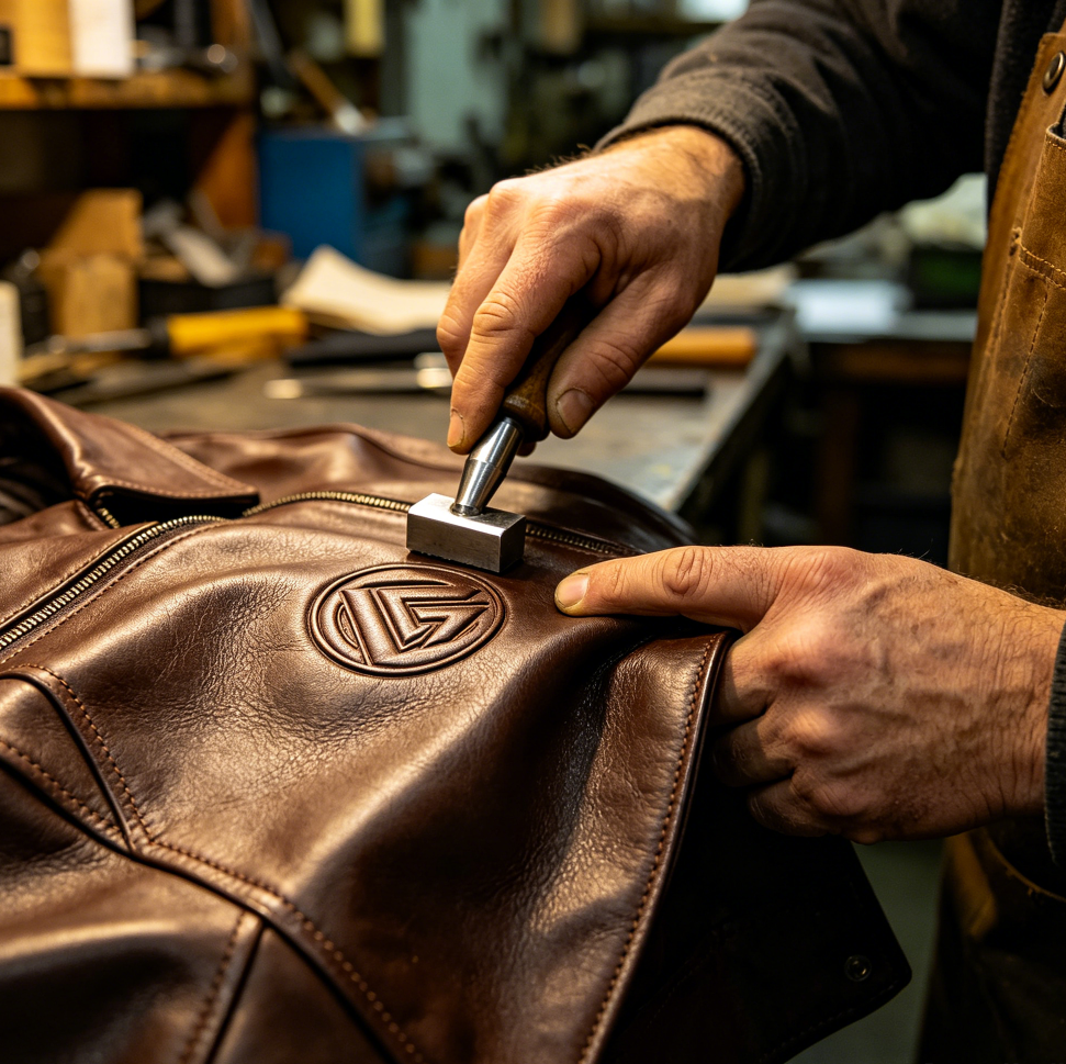 Custom embossed logo embroidery on men PU vegan leather jacket
