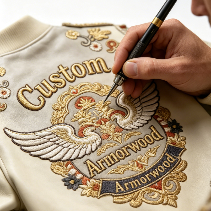 Luxury Custom Embroidered Genuine Sheepskin Bomber Jacket