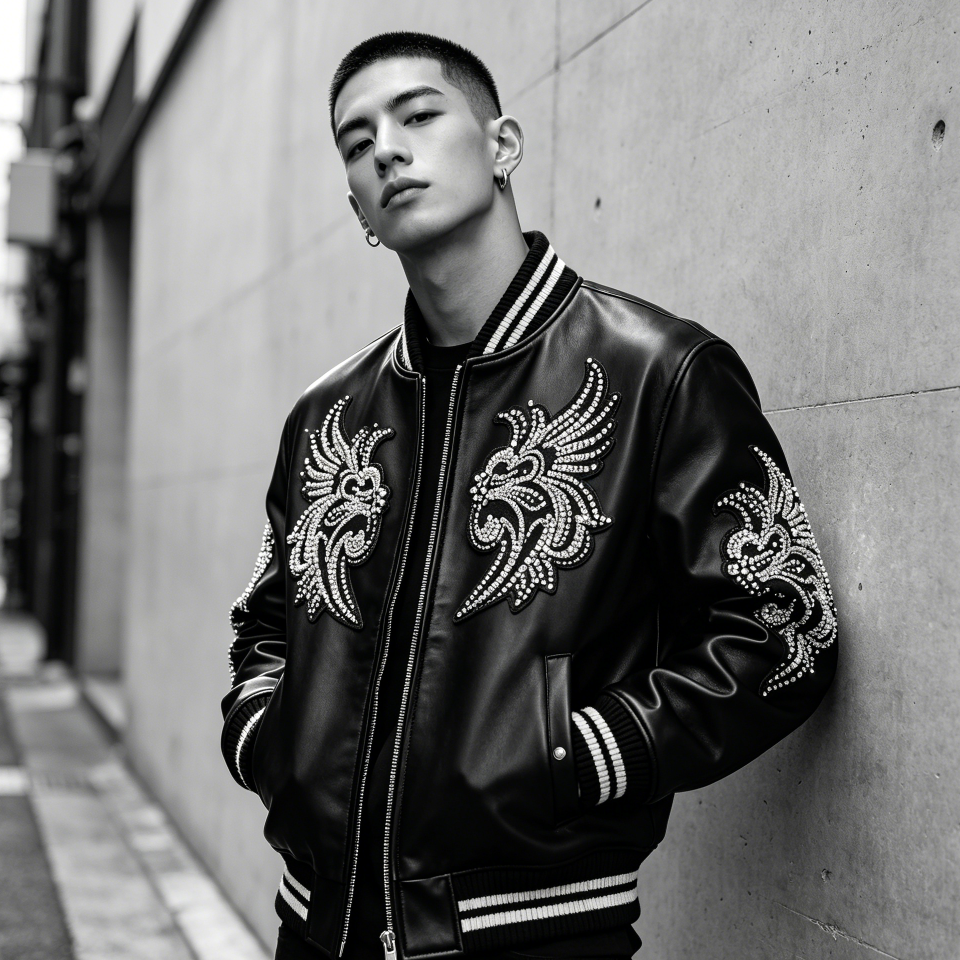 Close-up of intricate white applique embroidery and sparkling rhinestone details on a black premium lambskin leather varsity jacket, showcasing high-end craftsmanship for wholesale buyers.