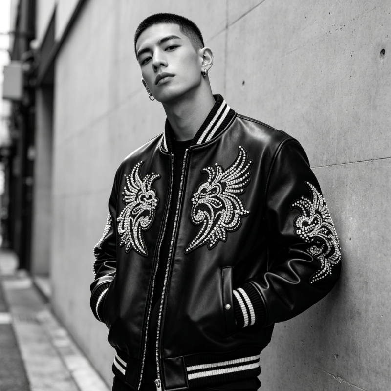 Premium Custom Lambskin Leather Varsity Jacket | OEM Applique Embroidery & Rhinestone Streetwear for Men