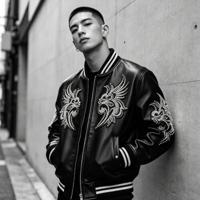 Premium Custom Lambskin Leather Varsity Jacket | OEM Applique Embroidery & Rhinestone Streetwear for Men