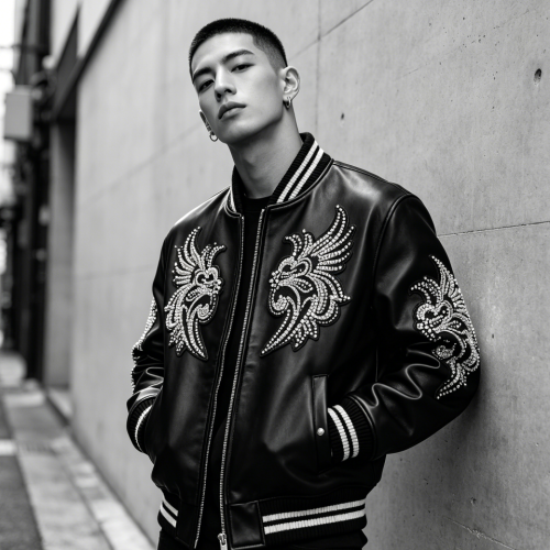 Premium Custom Lambskin Leather Varsity Jacket | OEM Applique Embroidery & Rhinestone Streetwear for Men