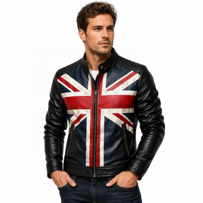 OEM Men's Distressed Leather Biker Jacket Custom Vintage UK Flag Printed Motorcycle Coat