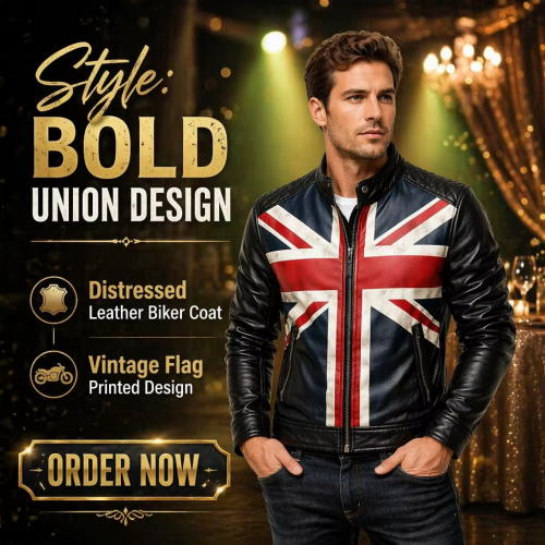 OEM Men's Distressed Leather Biker Jacket Custom Vintage UK Flag Printed Motorcycle Coat